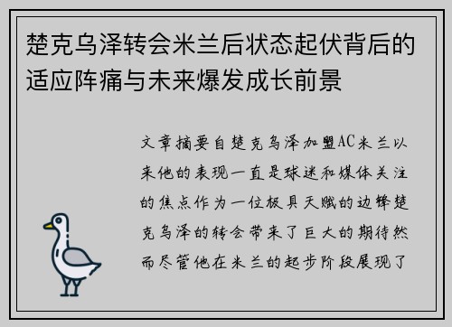 楚克乌泽转会米兰后状态起伏背后的适应阵痛与未来爆发成长前景